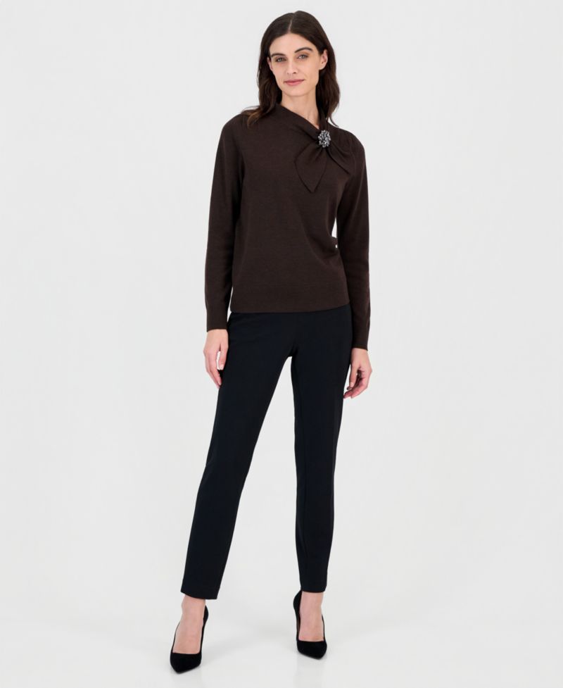 Petite Mock-Neck Pleated-Shoulder Sweater with Brooch