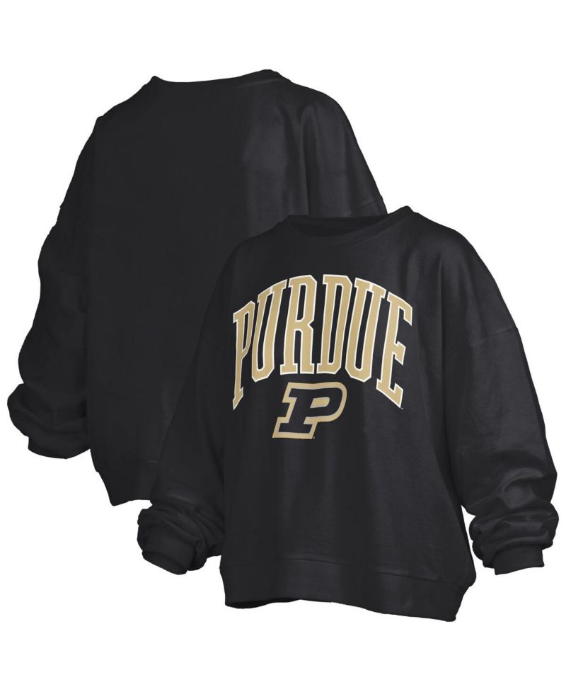Women's Black Purdue Boilermakers Janise Arch Over Logo Waist Length Oversized Pullover Sweatshirt