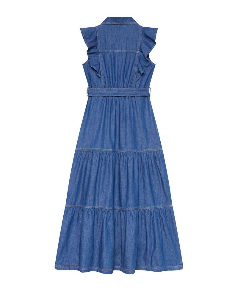 Women's Denim Ruffle Maxi Shirt Dress