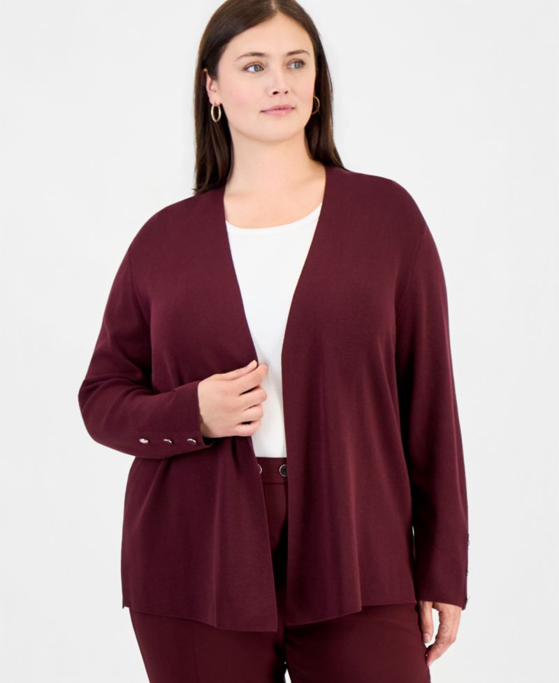 Plus Size Collarless Open-Front Long-Sleeve Cardigan