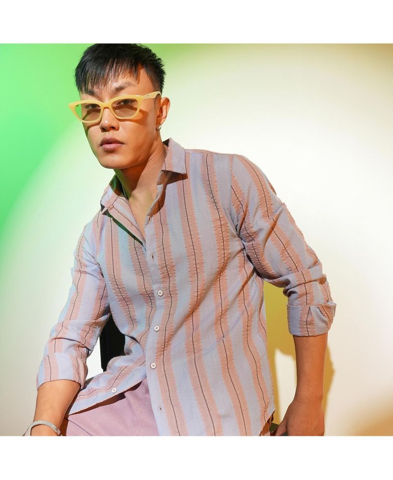 Men's Icy Blue & Nude Beige Striped Seersucker Shirt