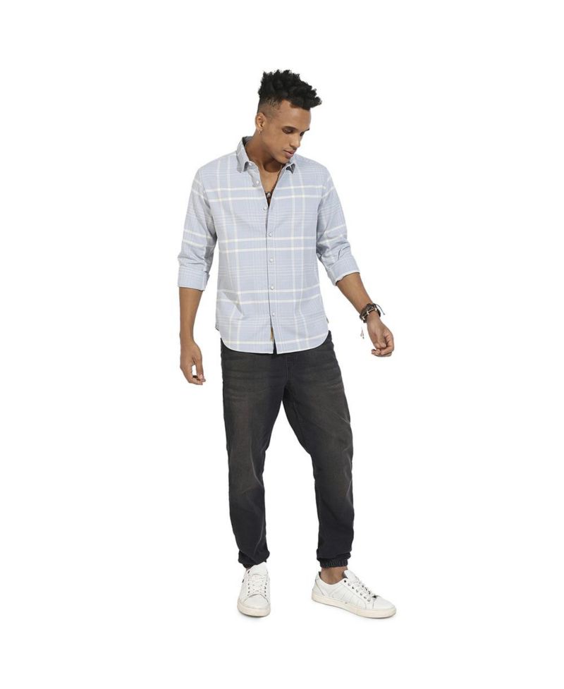 Men's Light Grey Contrast Tartan Plaid Shirt.