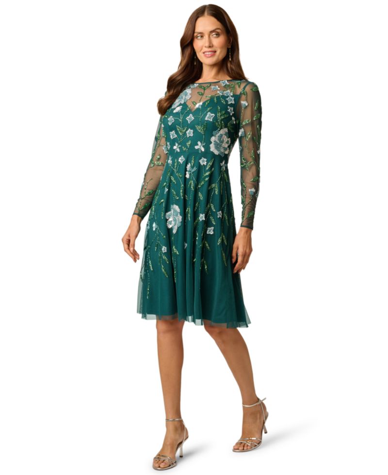 Women's Beaded-Sequin Floral-Print Long-Sleeve Midi Dress