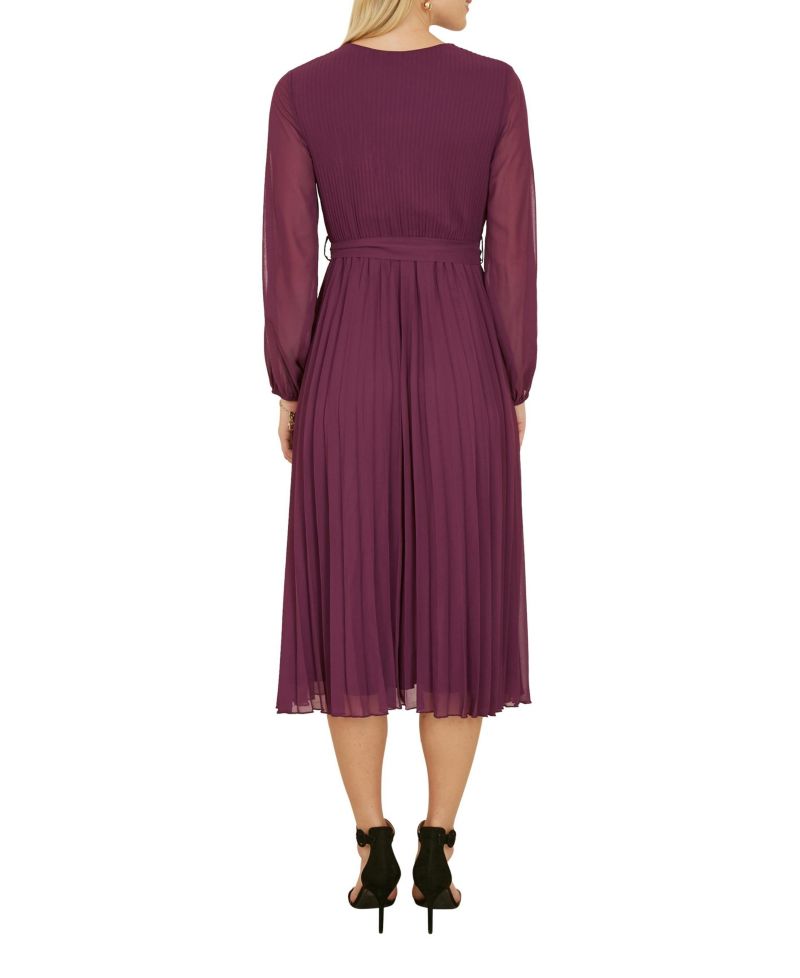 Women's Long Sleeved Pleated Midi Wrap Dress