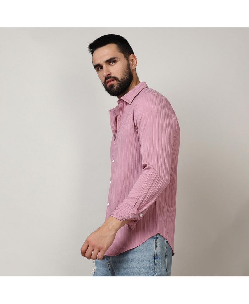Men's Salmon Pink Self-Design Striped Shirt