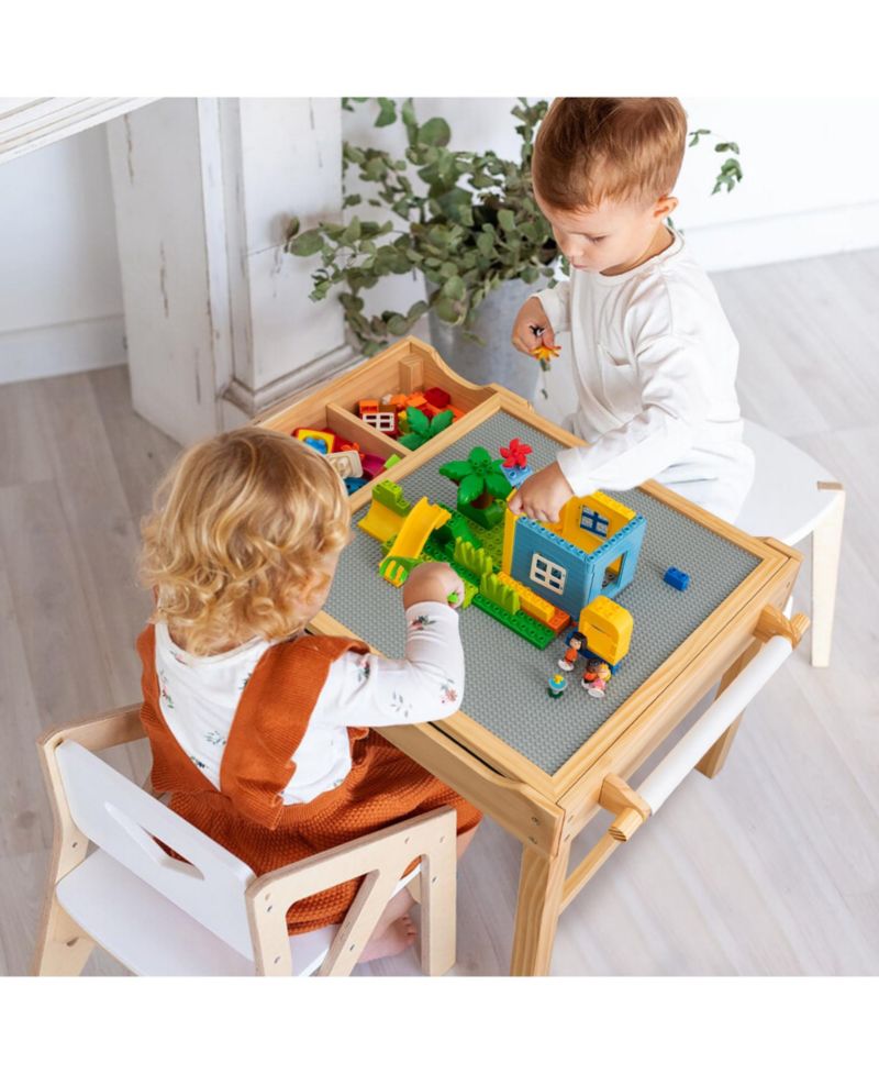 Kids Multi Activity Play Table Wooden Building Block Desk with Storage Paper Roll
