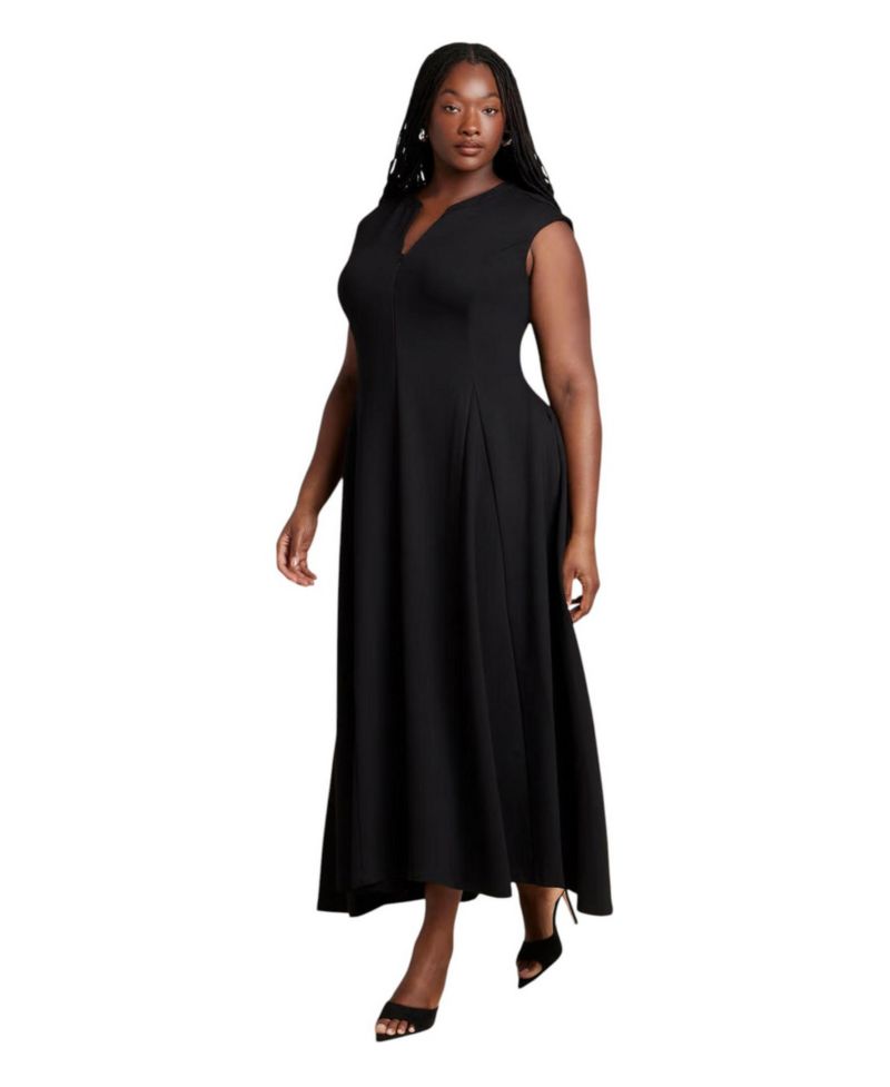 Plus Size V-Neck Notch-Seam Detail Ponte Maxi Dress