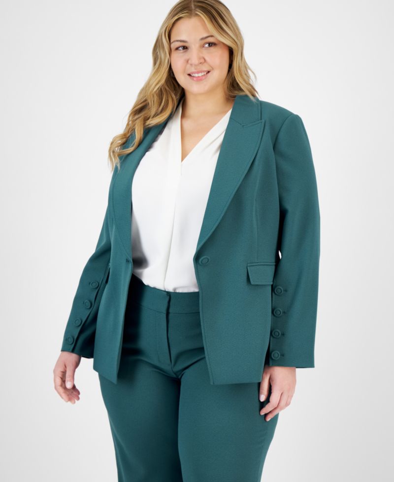 Plus Size Long-Sleeve One-Button Blazer, Sailor Tie-Neck Blouse & Mid-Rise Wide-Leg Pants