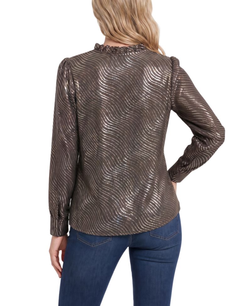 Women's Metallic-Print Ruched-Shoulder V-Neck Long-Sleeve Blouse