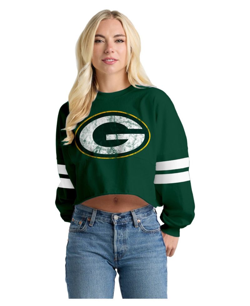 Women's Green Green Bay Packers Oversized Cropped Stripe Long Sleeve T-Shirt