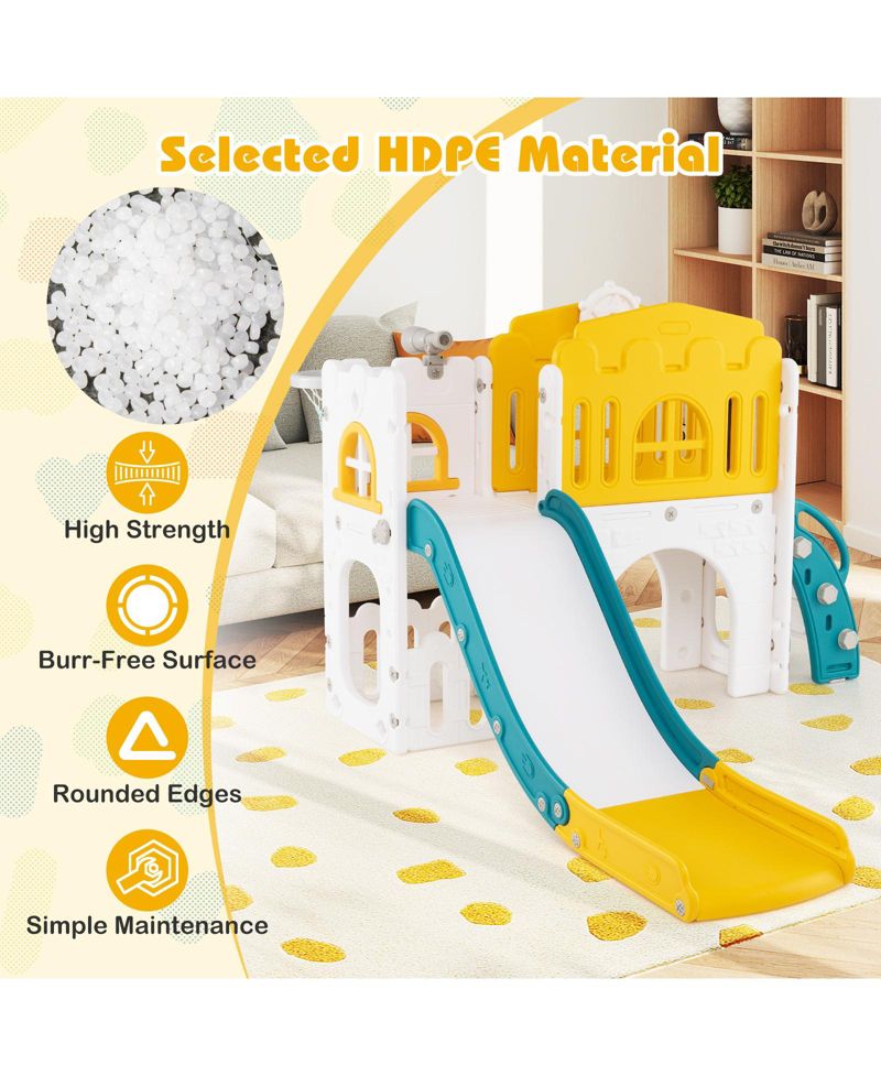 9 in 1 Toddler Slide L Shaped Kids Slide and Climber Playset w/ Basketball Hoop