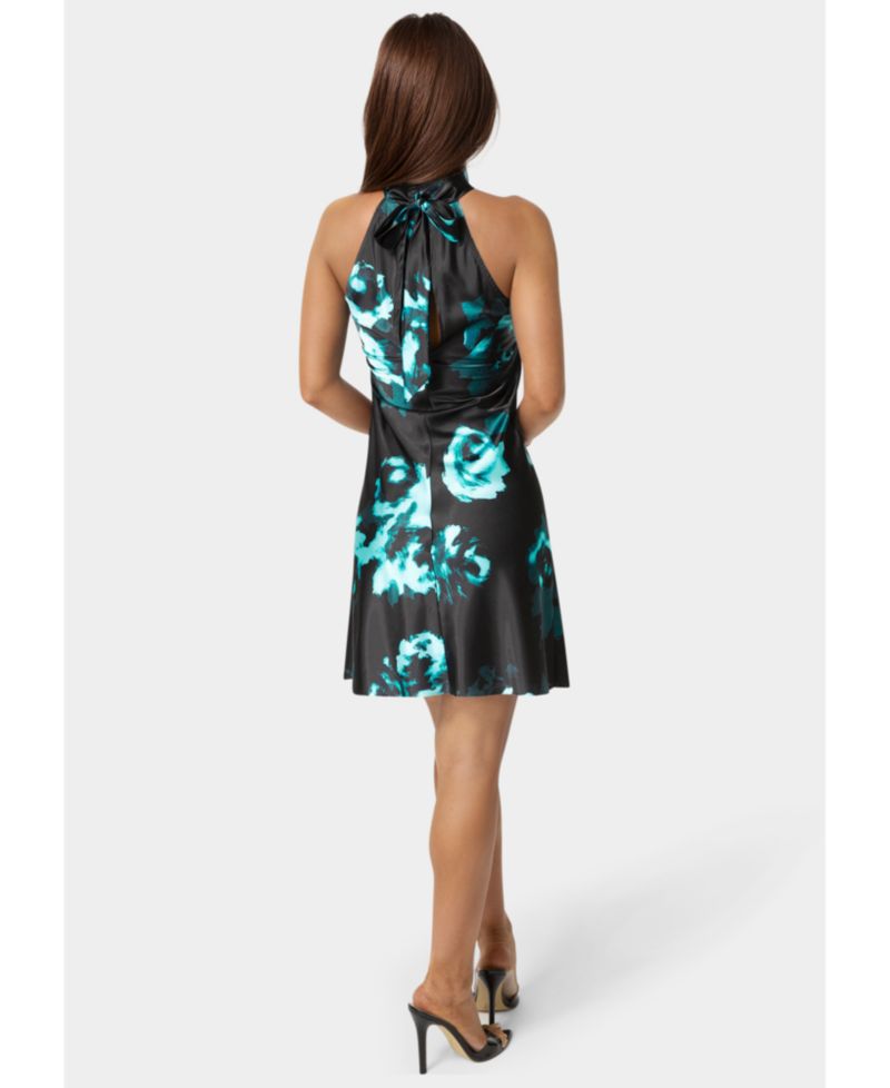 Women's Printed Satin Mock Neck Dress with Bow Back
