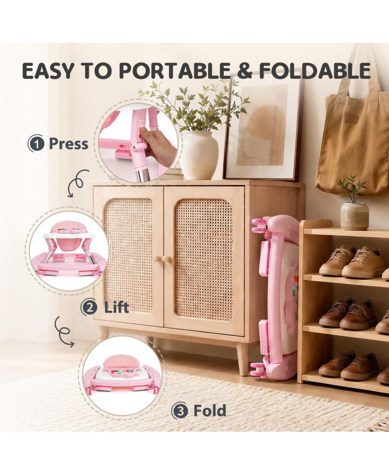 5-in-1 baby walker with adjustable height, activity panel and foldable design