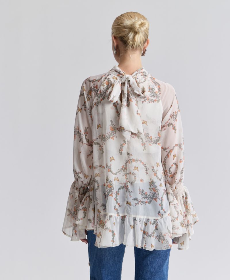 Women's Floral High-Neck Puff-Sleeve Top