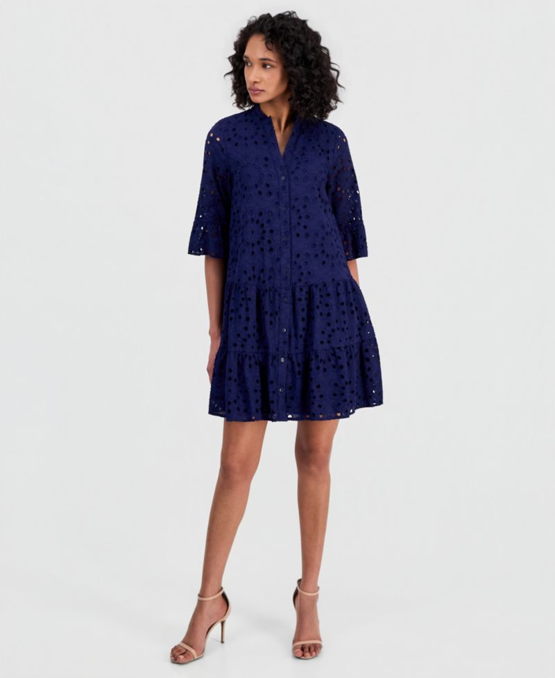 Women's Eyelet Embroidered Cotton Flare-Sleeve Shirtdress