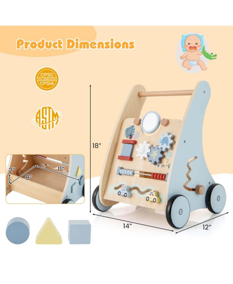 Wooden Baby Walker Push & Pull Walker with Multi-Activity Center