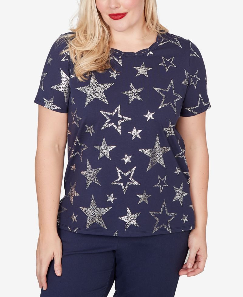 Petite Lady Liberty Sparkling Foil Stars Short-Sleeve T-Shirt