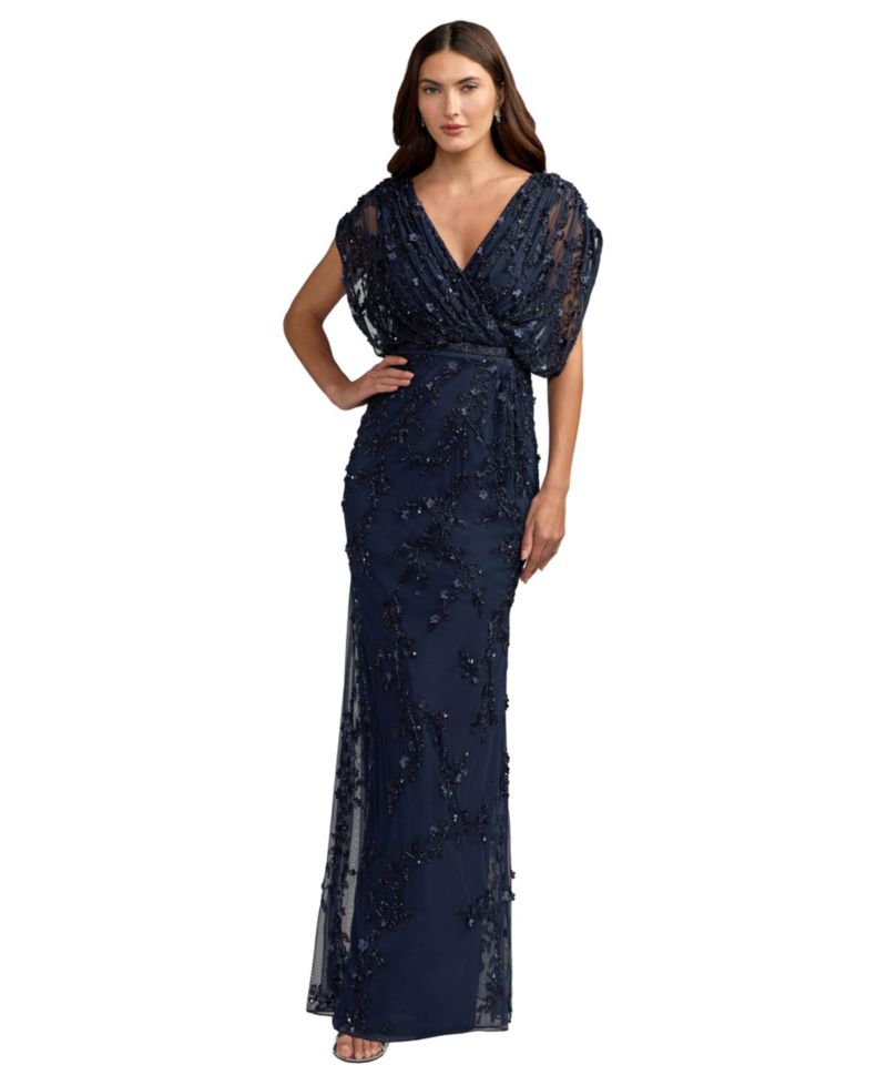 Women's Beaded-Embroidered Floral V-Neck Gown
