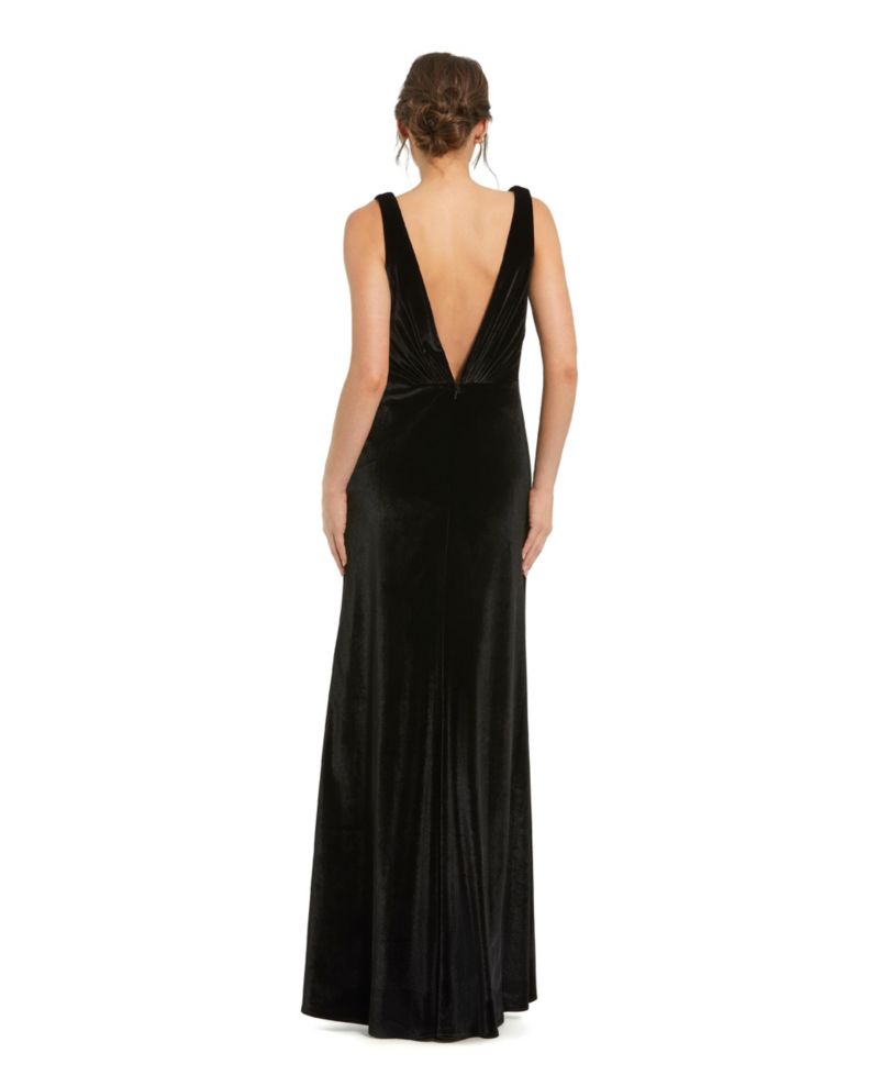 Women's Deep V High Slit Draped Velvet Fitted Gown