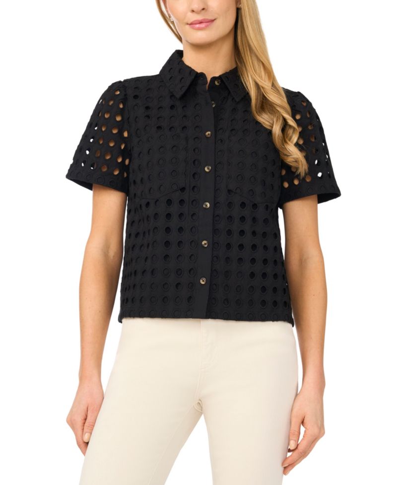 Women's Short Sleeve Eyelet Button-Down Top