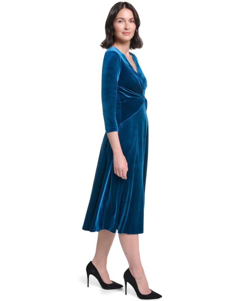 Women's V-Neck Wrap Midi Velvet Dress