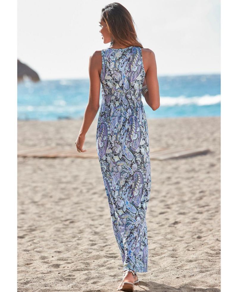 Women's Viscose Paisley Print Smocked V-Neck Smocked-Waist Maxi Dress