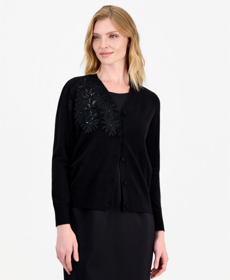 Women's Long-Sleeve Floral Lace-Applique Button-Up Cardigan