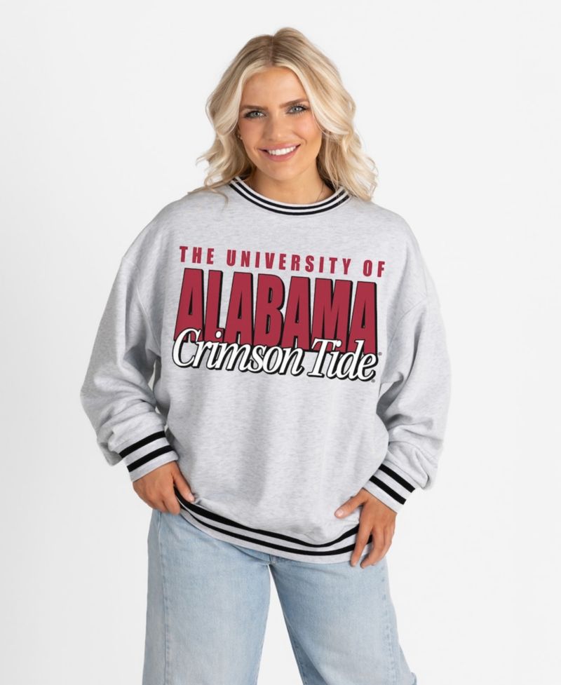 Women's Gray Alabama Crimson Tide Oversized Showdown Ringer Stripe Sweatshirt