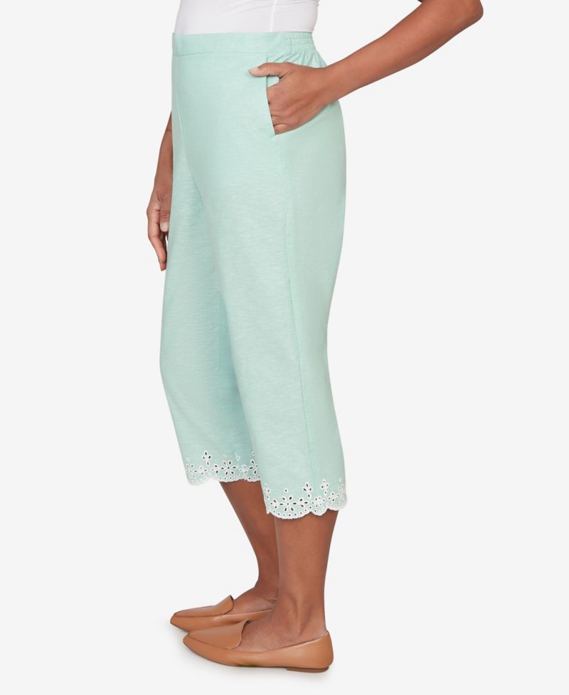 Women's Caribbean Blues Eyelet Embroidered Cuff Capri Pants