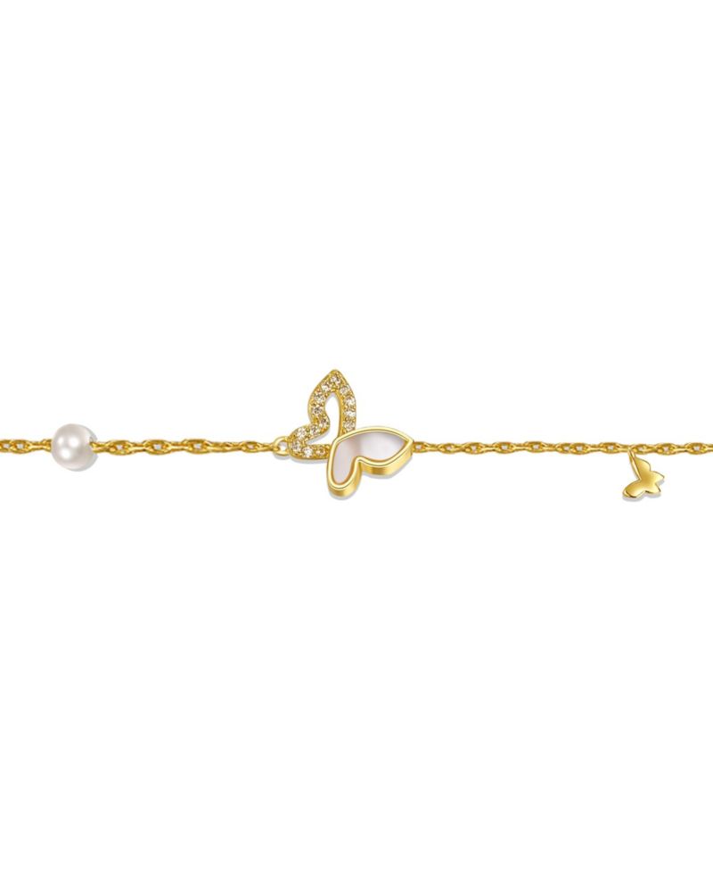 14k Yellow Gold Plated with Mother of Pearl and Cubic Zirconia Butterfly Charm Rope Bracelet with Adjustable Extension Chain