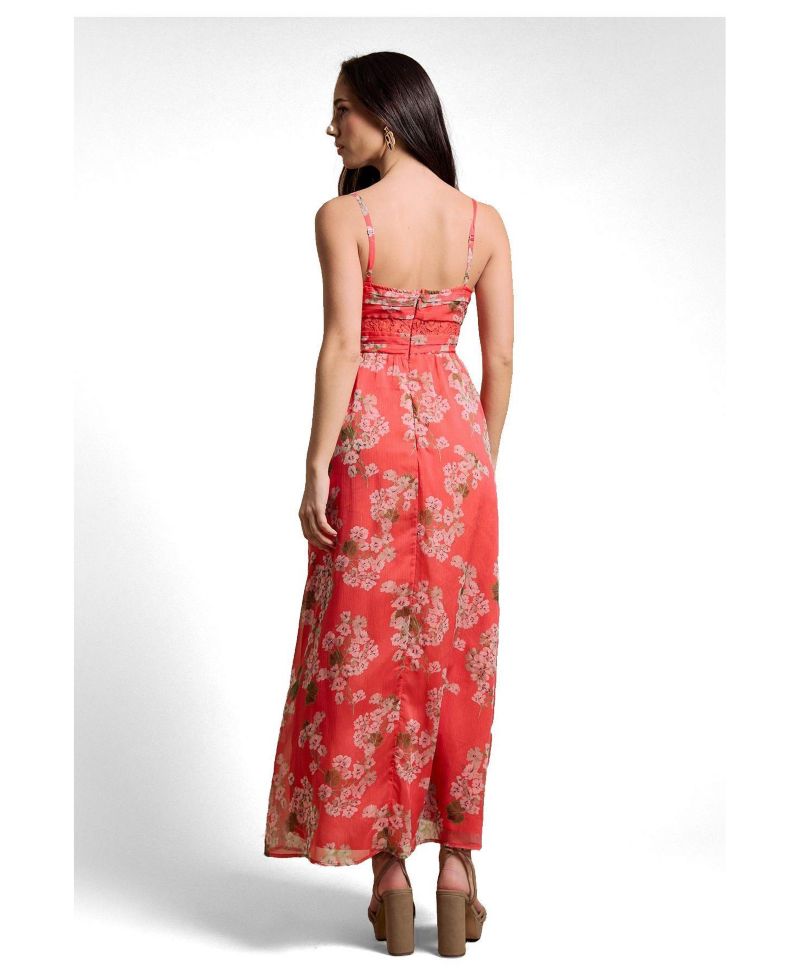 Women's Floral-Print Pleated Lace Maxi Dress