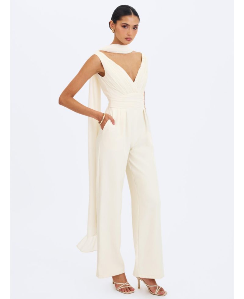 Women's Harper Ivory Ruched V-Neck Jumpsuit with Scarf