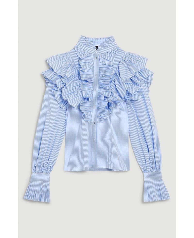 Women's Pleated Striped Ruffle Woven Shirt