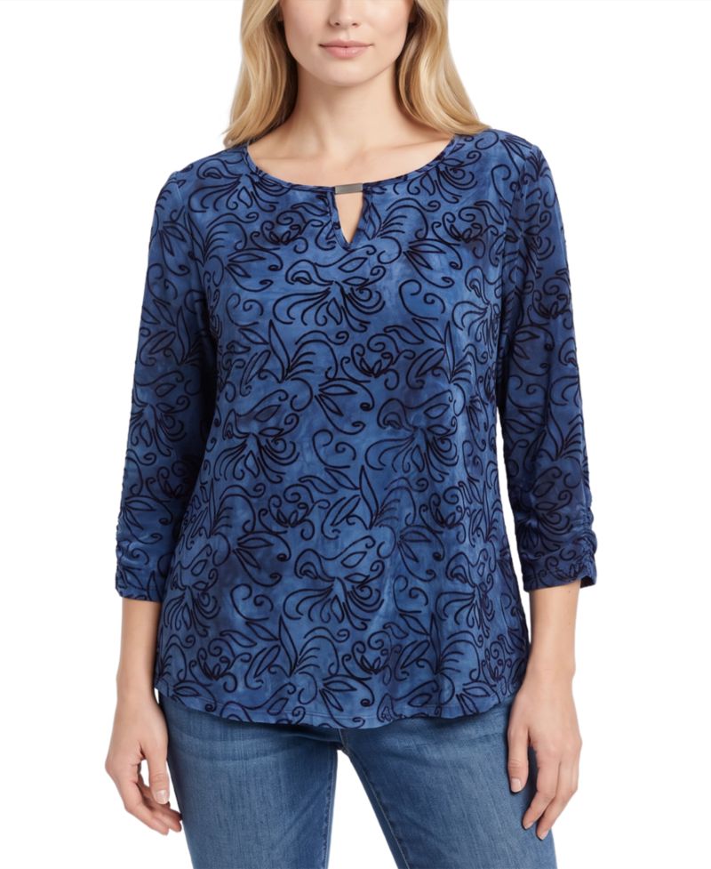 Petite 3/4-Sleeve Tie-Dye Keyhole Blouse