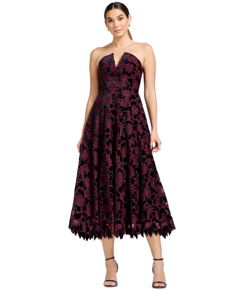 Women's Strapless Floral Fit & Flare Midi Dress