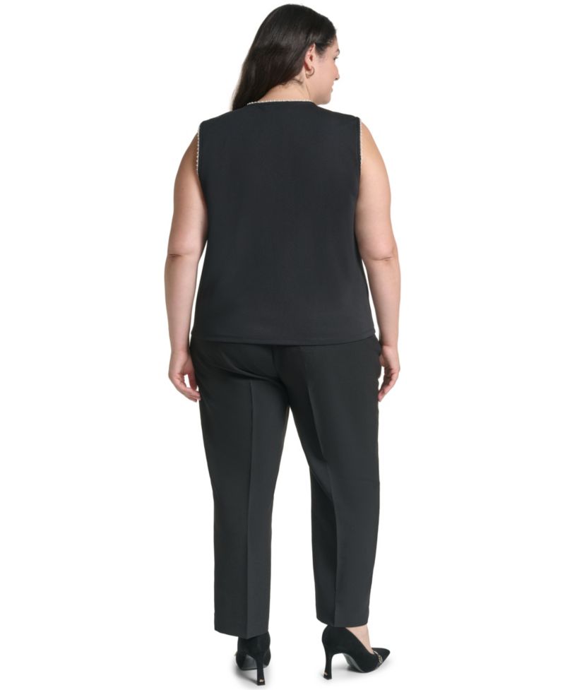 Plus Size V-Neck Sleeveless Imitation Pearl Bow Blouse