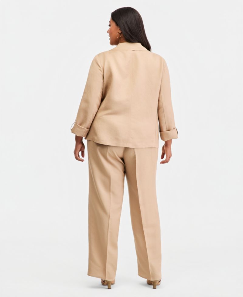 Plus Size Linen Open-Front Seamed Roll-Tab-Sleeve Blazer