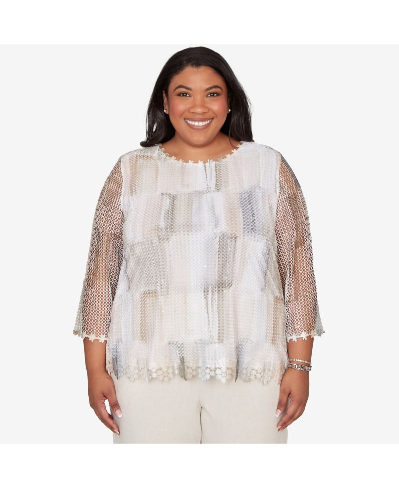 Plus Size Natural Wonder Neutral Brushstrokes Mesh Top