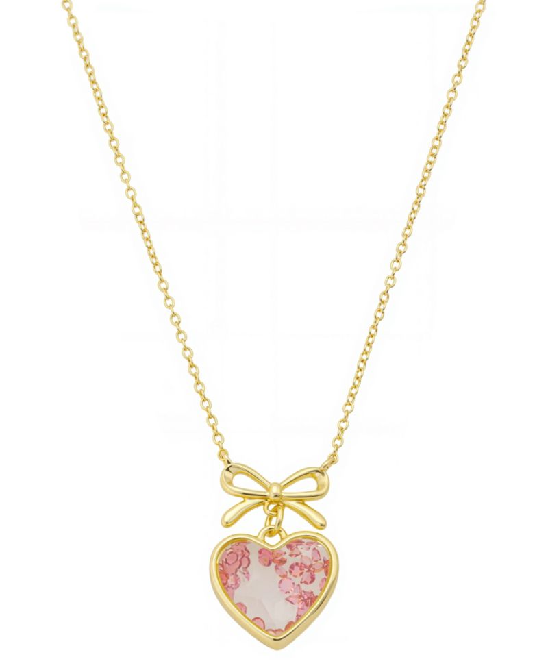 Light Pink Rose Cubic Zirconia Heart Shaker With Bow Necklace With Extender