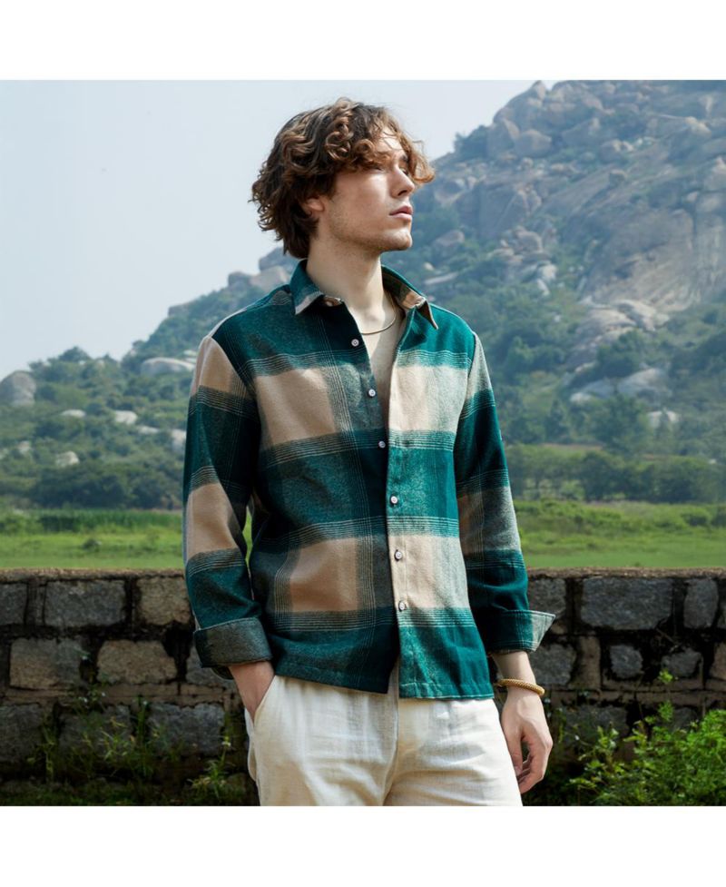 Men's Emerald Green & Buff Beige Vignette-Checkered Oversized Shirt