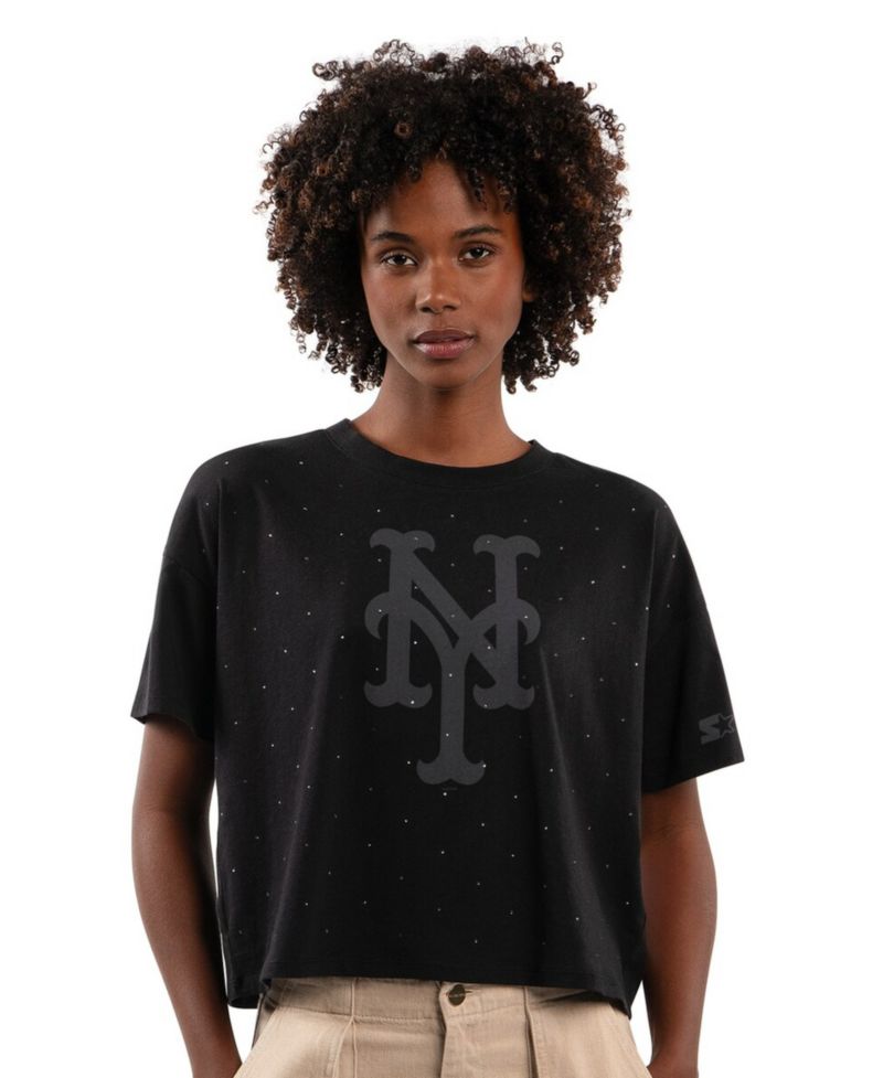 Women's Black New York Mets Rhinestone Sprinkle Boxy Cropped T-Shirt