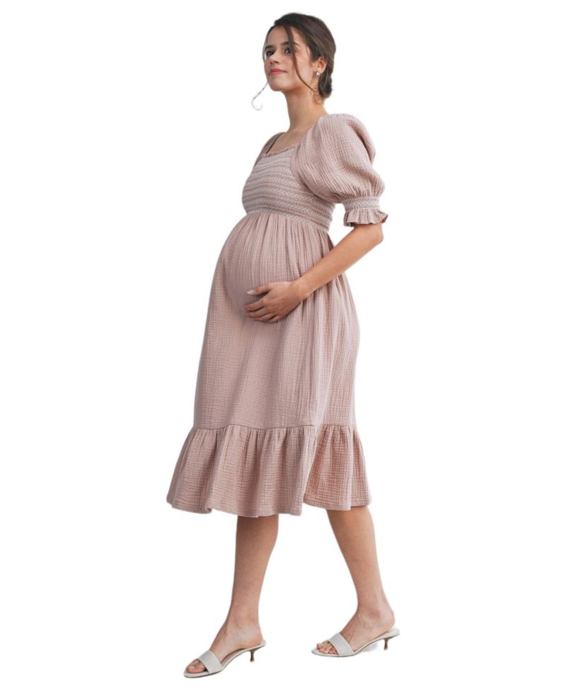 Women's Smocked Empire Waist Puff Sleeve Midi Dress with Ruffle Hem