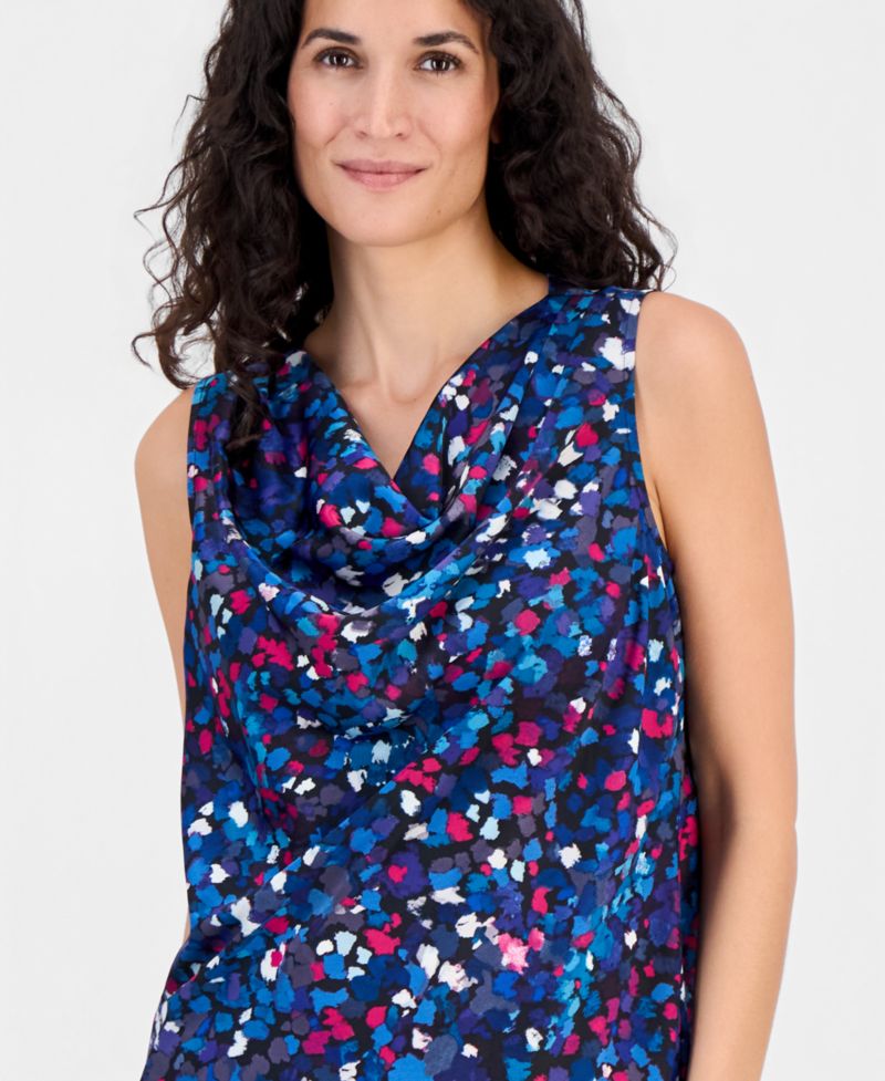 Women's Printed Pleated Cowlneck Sleeveless Top