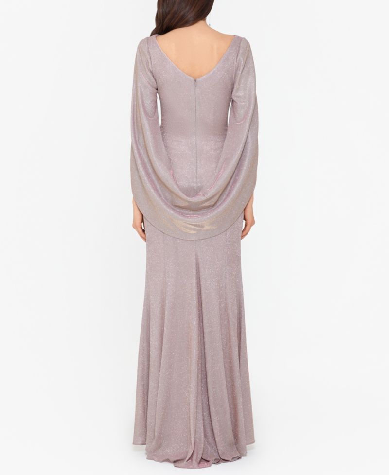 Women's Glitter Drape-Back Cape Gown