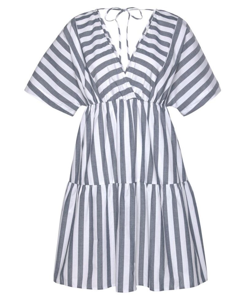Women's Cotton Striped Tiered V-Neck Elastic-Waist Short Dress