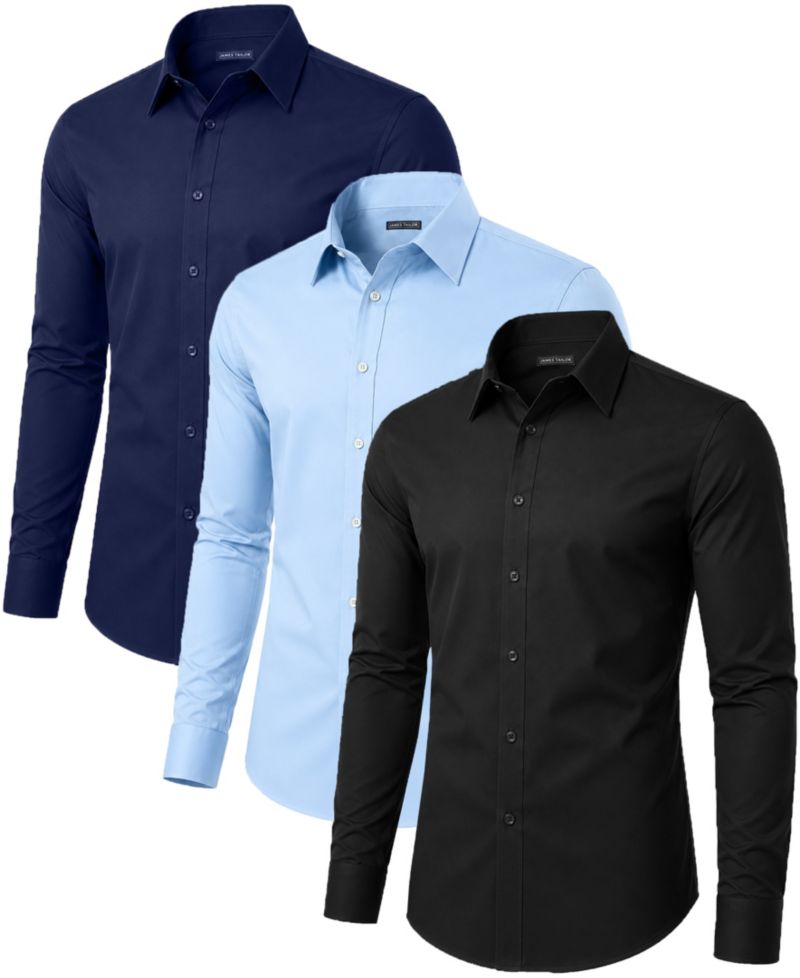 Men' Slim Fit Long Sleeve Stretch Dress Shirt-3 Pack