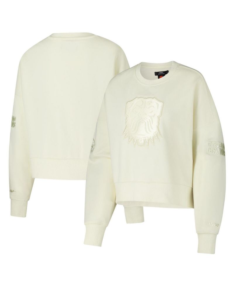 Women's Cream Cleveland Browns Triple Tonal Cropped Fleece Pullover Sweatshirt