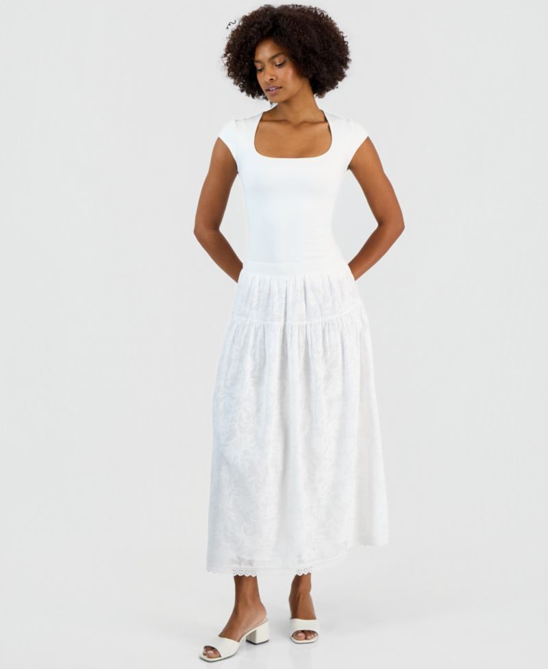 Women's Tonal-Print Tiered Lace-Trim Maxi Skirt