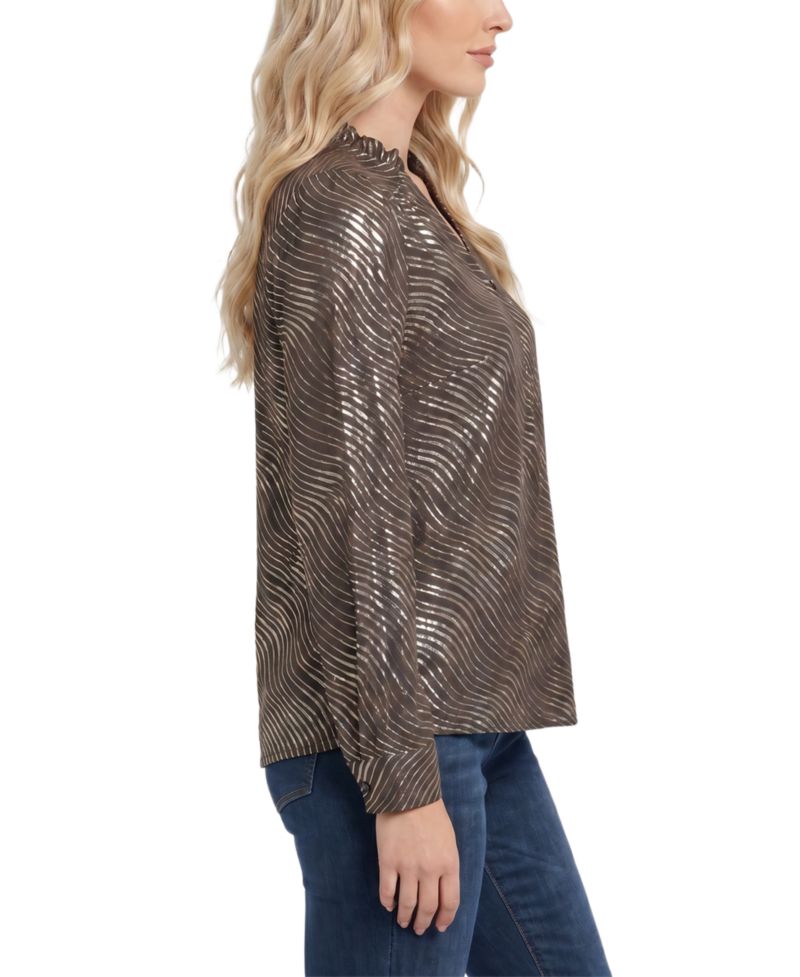 Women's Metallic-Print Ruched-Shoulder V-Neck Long-Sleeve Blouse