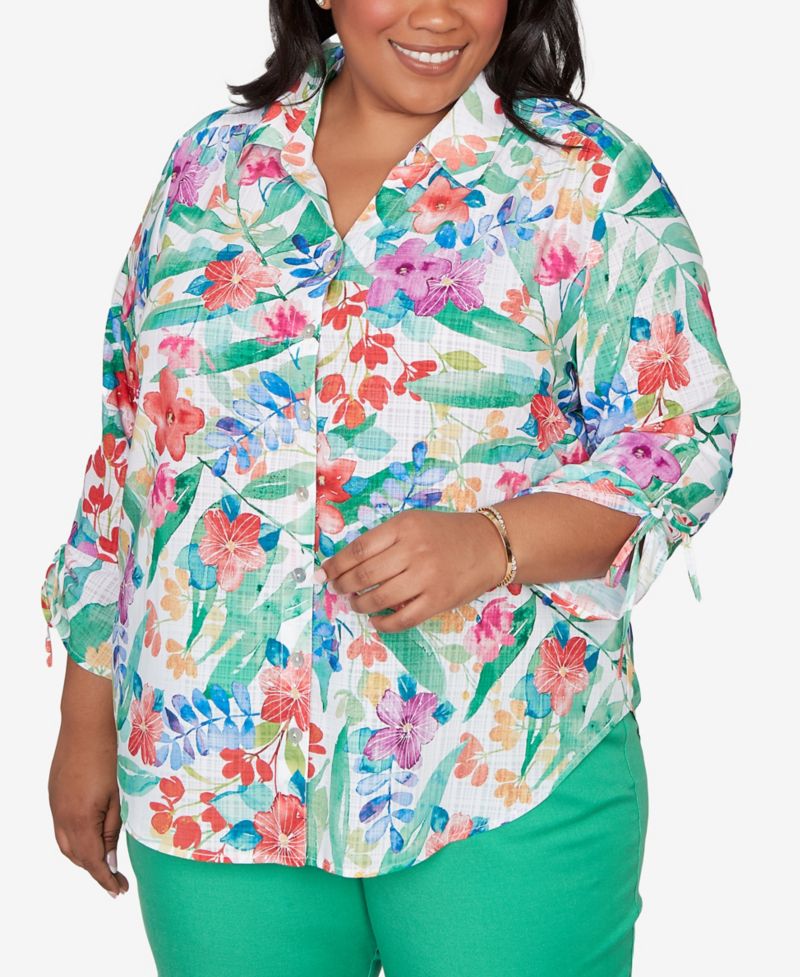 Plus Size Resort Living Tropical Print Tie-Sleeve Button-Front Top